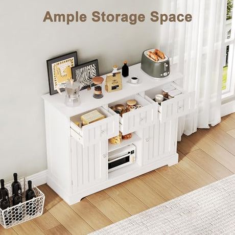 ChooChoo Buffet Cabinet, Coffee Bar with Drawers and Doors, Sideboard Storage with Shelves for Kitchen, Dining Room, Living Room, White ChooChoo