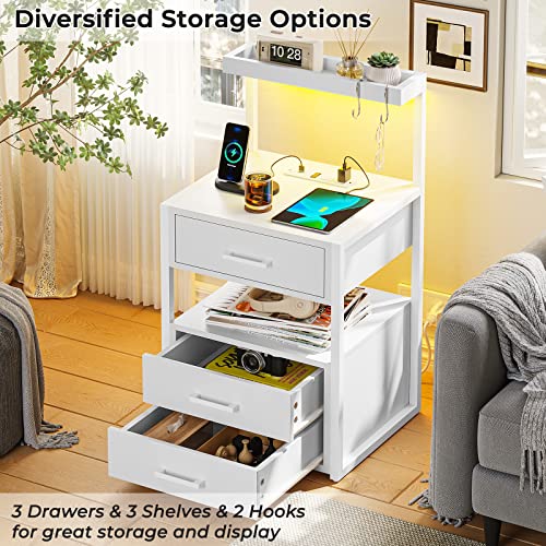 Nightstand with Charging Station and LED Lights, LED Night Stand with 2 USB Ports and 2 AC Outlets, Modern End Table with 3 Drawers, Bedside Table with Open Storage for Bedroom, White - WoodArtSupply