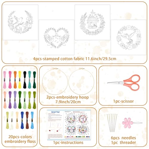 BEUNITONE 4 Set Embroidery Kit for Beginners, Wreath and Bird Cross Stitch Kits, Needlepoint Kits for Adults with Instructions and Full Kit, Elegant Hand Embroidery Patterns for Cloth and Home Decor