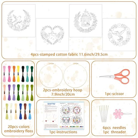 BEUNITONE 4 Set Embroidery Kit for Beginners, Wreath and Bird Cross Stitch Kits, Needlepoint Kits for Adults with Instructions and Full Kit, Elegant Hand Embroidery Patterns for Cloth and Home Decor BEUNITONE