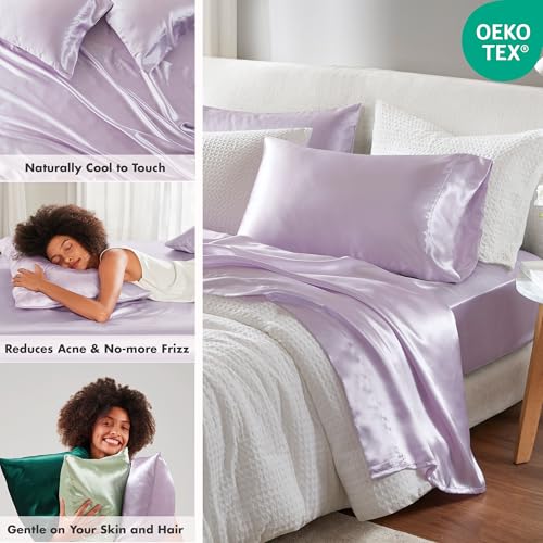 Madison Park Satin Sheets Twin Size, Luxurious Silky Bed Sheets, Elastic 14" Pocket fits up to 16" Mattress, Wrinkle-Free, Soft Satin Bed Sheet Set, Lilac 4 Piece Madison Park