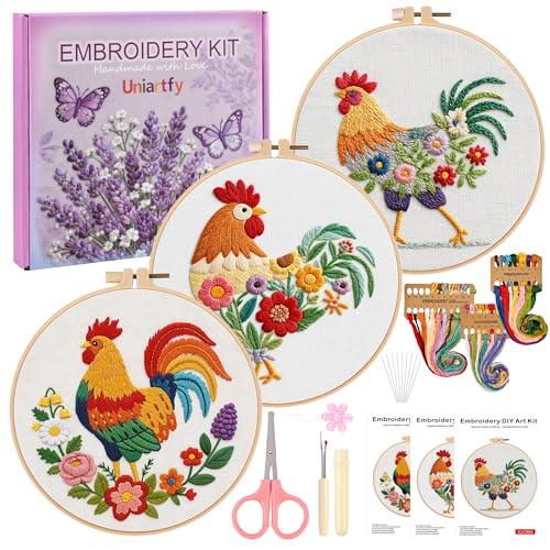Uniartfy 3 Pack Funny Rooster and Flower Embroidery Kits for Beginners, Animal Cross Stitch Kit for Adults, DIY Needlepoint with Stamped Pattern, Embroidery Hoop, Tools, Colorful Threads, Instructions