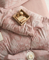 VM VOUGEMARKET Blush Pink Flower Duvet Cover Set Queen,3 Pieces Retro Jacquard Pink Floral Bedding Set,Linen Cotton Yarn-Dyed Textured Duvet Cover with Zipper Closure VM VOUGEMARKET
