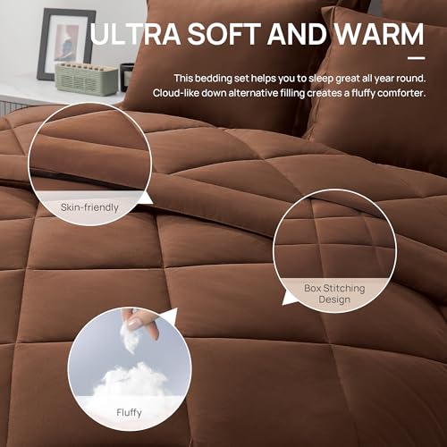 Love's cabin Full Comforter Set Brown, 7 Pieces Full Bed in a Bag, All Season Bedding Sets with 1 Comforter, 1 Flat Sheet, 1 Fitted Sheet, 2 Pillowcase and 2 Pillow Sham