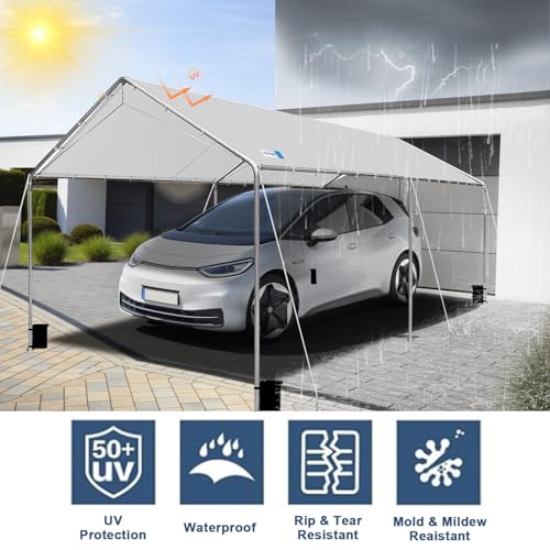 Carport Canopy 10'x20' Heavy Duty Carport, Waterproof & UV Protected Garage Top Tarp Shelter Cover with Reinforced Steel Cables, Outdoor Portable Garage for Car, Boat Tent, Light Grey - WoodArtSupply