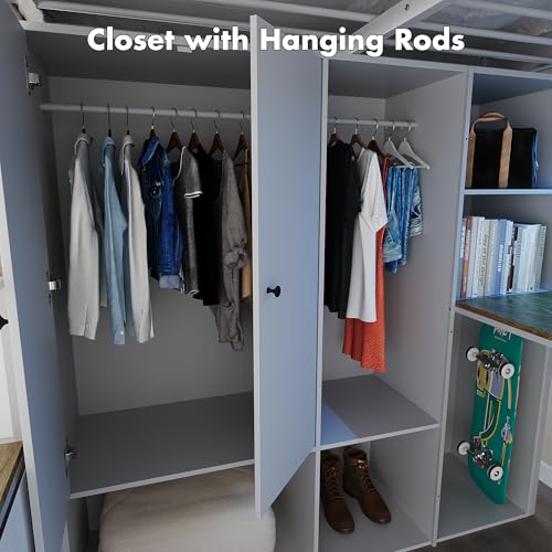 Kikihouse Full Size Loft Bed with Desk, Stairs & LED Light, Metal Gaming Loft Bed Frame with Headboard, Safety Guardrails, Charging Station, Closet and 12 Fabric Drawers, Space Saving, White and Oak Kikihouse