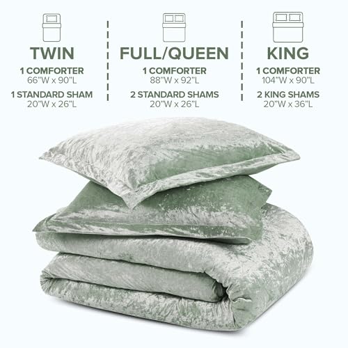 Comfort Spaces Luxe Queen Comforter Set Velvet Comforters for Queen Size Bed, Microfiber Reverse, Juliette, All Season Velvet Bedding Queen Size, Fluffy Bed Set, Sham, Full/Queen, Sage Green 3 Piece Comfort Spaces