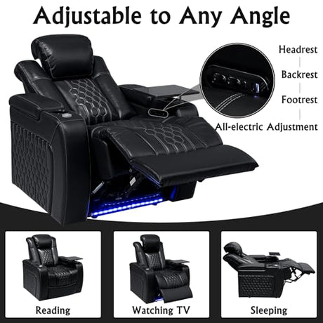 NMXUXMN Home Theater Seating,Top-Grain Leather Recliner Sofa, Zero Gravity Power Reclining Couch with Ambient LED Lights, Cup Holders & USB, Tray Table-Single Black NMXUXMN