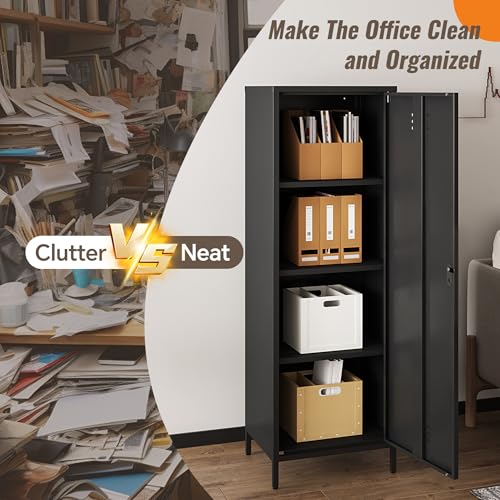 Steehoom Locker Cabinet, 59.06" H Black Metal Locker Storage Cabinet for Employees with Locking Door and 2 Shelves Kids Locker Tool File Cabinets for Bedroom, Home Office, Garage, Bathroom Steehoom