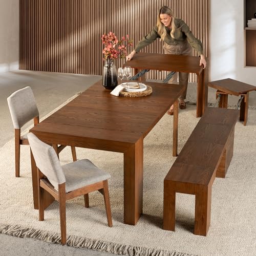 Transformer Table Dining Table Set for 4 to 12, Extendable Wood Dining Table 1 to 10 feet with Extendable Bench - Space Saving Furniture Wood (Brown, Table + Bench) - WoodArtSupply