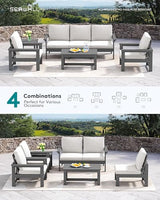 SERWALL HDPE Patio Conversation Set, 7-Piece Sectional Outdoor Patio Furniture Set, All Weather Patio Couch Set Patio Sofa Set for Deck, Lawn, Grey Frame with Khaki Cushion SERWALL