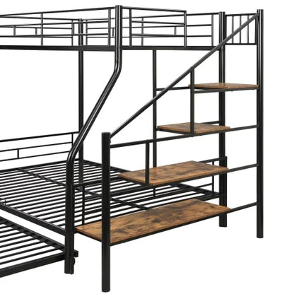 Metal Bunk Bed with Trundle Bed Twin Over Full Size Metal Bunk Bed with Storage Staircase, Black