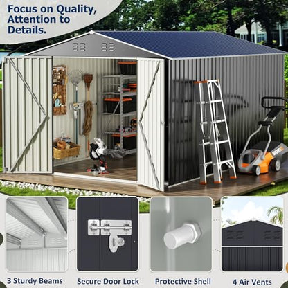 VIWAT 8' x 12' Outdoor Steel Storage Shed with Updated Frame Structure and Lockable Doors, Metal Shed Upgrade Height Ideal for Garden, Backyard, and Patio Utility and Tool Storage - WoodArtSupply