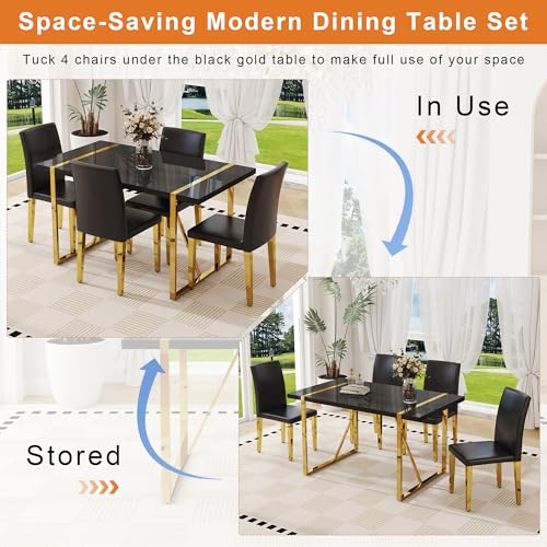 55" Dining Table Set for 4, Black Dining Table Set for 4, 1.5" Black Glossy Wood Tabletop with Golden Metal Legs, Modern Dinner Table Set with 4 Faux Leather Chairs for Kitchen,Apartment,Small Space Iopirbu