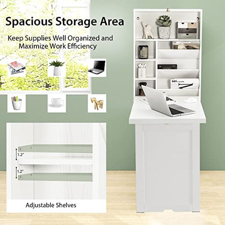 Tangkula Foldable Wall Mounted Desk, Floating Table with Storage Shelves & Hooks, Space-Saving Fold-Up Murphy Desk for Small Spaces, Home Office, Dorm Room Tangkula