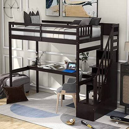 Espresso Twin Size Loft Bed with Storage Steps and Built-in Desk for Kids - WoodArtSupply