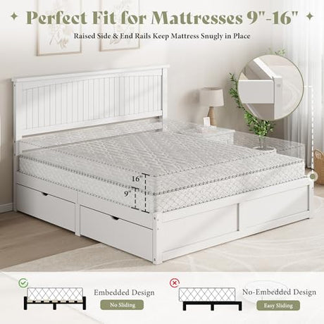 AMERLIFE King Size Solid Wood Bed Frame with 50" Tall Headboard, Mid-Century Modern Bed with Storage Drawers, Clean Wooden Platform Bed, 2 Side Drawers/No Box Spring Needed/White AMERLIFE