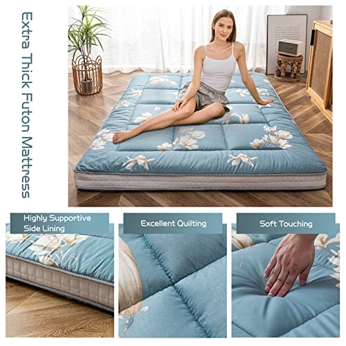 MAXYOYO Floral Printed Futon Mattress, Padded Japanese Floor Mattress Quilted Bed Mattress Topper, Extra Thick Folding Sleeping Pad Breathable Floor Lounger Guest Bed for Camping Couch, Queen Size MAXYOYO