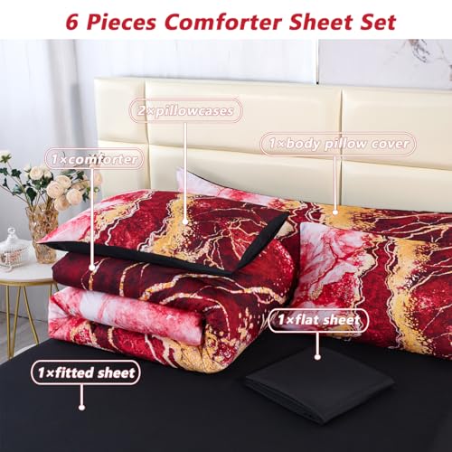 PERFEMET 6-Piece Marble Queen Comforter Red and Gold Bed in A Bag Set Abstract Burning Mountain Marble Bed Comforter Set Soft Luxury Retro Artwork Tie Dye Bed Set(Red, Queen) PERFEMET