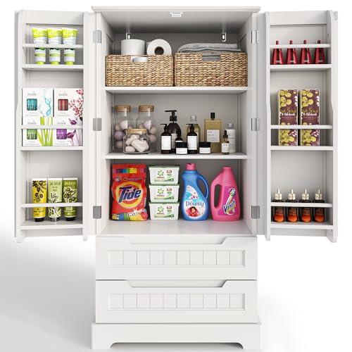 Gizoon 47" White Kitchen Pantry Storage Cabinet with Doors, Shelves, and Drawers for Organised Living - WoodArtSupply