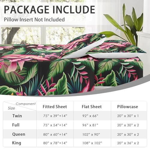 WeCozy 4 Pieces King Size Bed Sheet Sets with Pillowcases, Tropical Leaves Flower Hibiscus Soft Microfiber Bedding for Kids and Adults, Flat, Fitted Sheet for Bedroom Bed Decor WeCozy