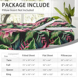 WeCozy 4 Pieces King Size Bed Sheet Sets with Pillowcases, Tropical Leaves Flower Hibiscus Soft Microfiber Bedding for Kids and Adults, Flat, Fitted Sheet for Bedroom Bed Decor WeCozy