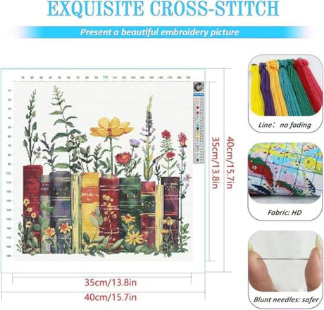 KYOQFVN Stamped Cross Stitch Kits - Flower Embroidery Starter Kit for Adult Beginners, 11CT Needlepoint Cross-Stitch Patterns Dimensions Kit Arts and Crafts 14×14inch KYOQFVN