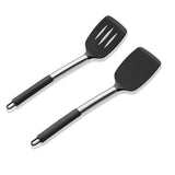 E-far Silicone Spatula Set of 2, Solid & Slotted Turner for Nonstick Cookware, Heat Resistant Rubber Kitchen Cooking Utensils for Flipping Fish Pancake Egg - Black E-far