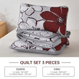 Luxudecor Floral Quilt Set Queen 3 Pieces Red Flower Quilt Coverlet Set with 2 Pillow Cases, Lightweight Soft Microfiber Reversible Boho Bedspread for All Seasons 96"x90" Luxudecor