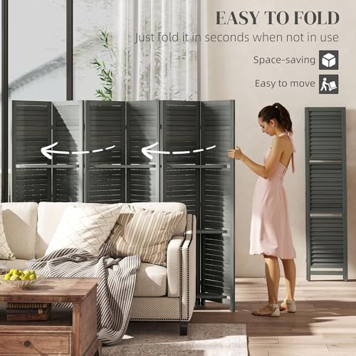 HOMCOM Room Divider, 6 Panel 67" Tall Wood Privacy Screen with 3 Display Shelves, and Folding Storage for Bedroom or Home Office, Gray HOMCOM