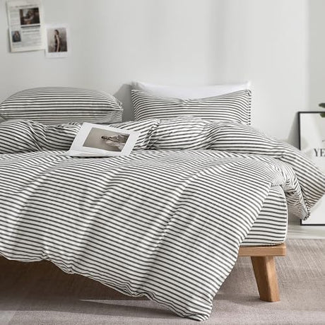 JELLYMONI 100% Natural Cotton 3pcs Striped Duvet Cover Sets,White Duvet Cover with Grey Stripes Pattern Printed Comforter Cover,with Zipper Closure & Corner Ties(Queen Size) JELLYMONI