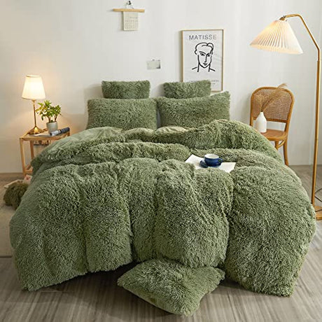 XeGe Plush Shaggy Duvet Cover Set, Luxury Soft Crystal Velvet Fluffy Furry Bedding Sets 2 Pieces(1 Faux Fur Fuzzy Comforter Cover + 1 Faux Fur Throw Pillow Sham), Zipper Closure (Twin, Sage Green) XeGe