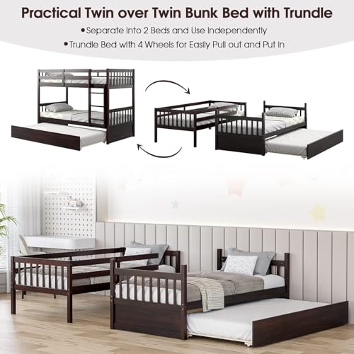 HOMGX Twin Over Twin Bunk Bed with Trundle, Wooden Removable Shelf Bunk Bed w/Ladder & Full Length Guardrail, Space-Saving Convertible Bunk Beds for Homes & Dorms (Espresso) WoodArtSupply