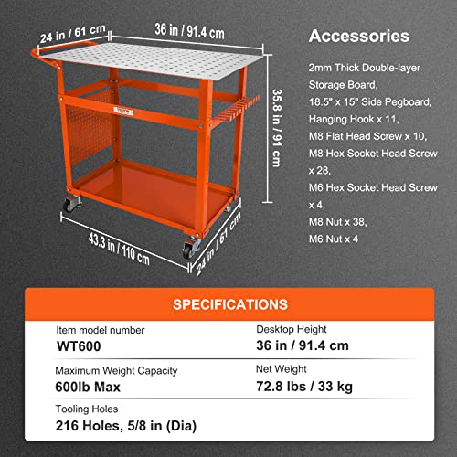 VEVOR Welding Table 36 x 24-inch, 600LBS Load Capacity Steel Welding Workbench Table on Wheels, Portable Work Bench with Double-Layer Storage Board, 5/8-inch Fixture Holes, 11 Hooks - WoodArtSupply