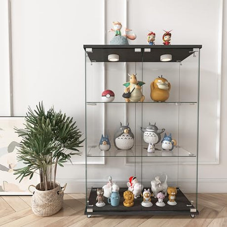 WHLIHUSU Glass Display Cabinet with LED Lights - Curio Cabinet with Glass Doors for Collectibles, Quick Assembly, Tempered Bookshelf, for Living Room and Bedrooms, 2-Door 3-Shelfs, White WHLIHUSU
