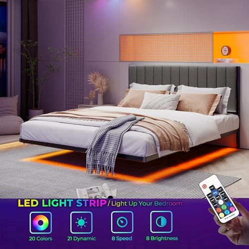 JUISSANO Floating Full Bed Frame with LED Lights & Charging Station,Metal Platform Bed Frame Full Size with Upholstered Headboard,No Box Spring Needed,Heavy Duty Steel Slats,Easy to Assemble No Noise JUISSANO