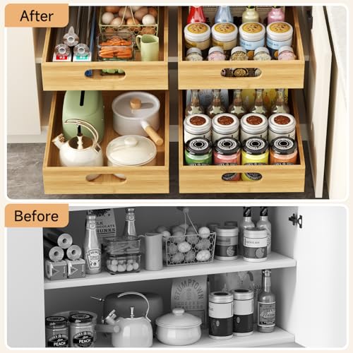 1PCS Pull Out Cabinet Organizer, Bamboo Wood Slide Out Drawers for Kitchen Cabinets,Heavy Duty Sliding Drawers for Cabinets,Adhesive Nano Film Shelves Drawers for Home (16.54" D x 11.82" W x  - WoodArtSupply