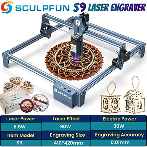 SCULPFUN S9 Laser Engraver Machine with Ultra-Thin Compressed Spot, Laser Class 4, 5000mW Output Laser, Laser Cutter for Making Festival Decorations, Desktop DIY Tool for Laser Cutting & Carving SCULPFUN