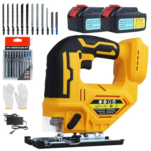 Cordless Jigsaw Brushless Motor with 2pcs 4Ah Li-ion Batteries, LED Light, Electric Huhomco Jigsaw 6 Variable Speed, 10pcs Blades, Fast Charger & Carry Case Included - WoodArtSupply