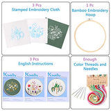 Kissbuty Embroidery Starter Kit with 3 Pcs Fabric & Patterns, Bamboo Hoop, Color Threads Tools (Plants Flowers)