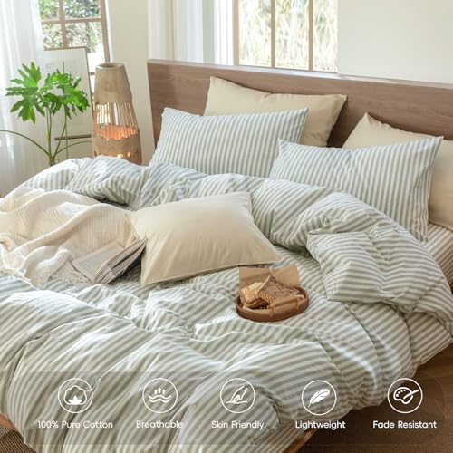 MooMee Striped Duvet Cover Set 100% Washed Cotton Linen Like Textured Breathable Durable Soft Comfy (Sage Green White Classic Stripes, King 104"x90") MooMee