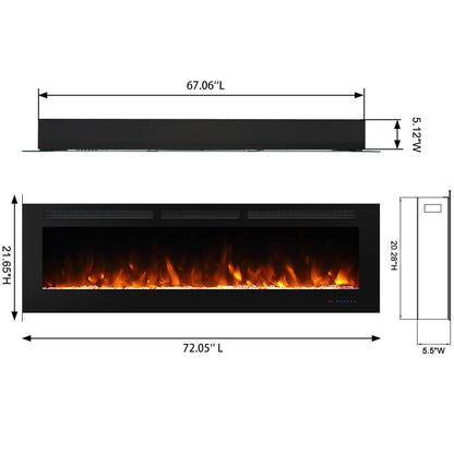 Masarflame 72" Recessed Electric Fireplace Insert, 5 Flame Settings, Log Set or Crystal Options, Temperature Control by Touch Panel & Remote, 750/ 1500W Heater