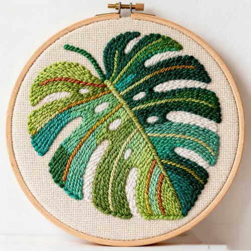 DIY Punch Needle Kits Monstera Deliciosa Leaf Easy for Beginners Embroidery Starter Set with Hoop Stress Relief Craft Hobby and Home Decor 20x20cm-3