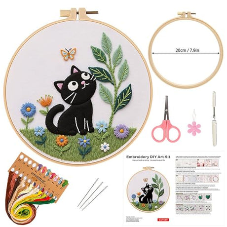 ZGEZGE Cat Embroidery Set – A Cute Black cat and Butterfly Pastoral Style DIY Embroidery Beginner Set Suitable for Both Beginners and Adults. Perfect for Handmade Gifts and Home décor. ZGEZGE