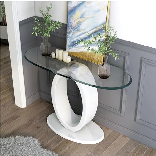 Furniture of America Modine 47" Long Contemporary Console Tables, Modern Furniture, Beveled Tempered Glass, O-Shaped High Gloss Pedestal, for Entryway, Hallway, Living Room, White Furniture of America
