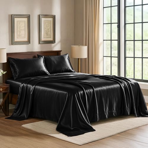 Satin Sheets Twin [3-Piece, Black] Hotel Luxury Silky Bed Sheets - Extra Soft 1800 Microfiber Sheet Set, Wrinkle, Fade, Stain Resistant - Deep Pocket Fitted Sheet, Flat Sheet, Pillow Cases Pure Bedding