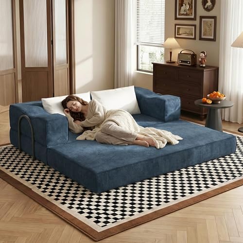 MAKIAAP 80" Foldable Chenille Futon Sofa Bed, 4-in-1 Convertible Couch with 2 Pillows, King-Size Floor Lounger for Living Room, Guest Room, Dorm - No Assembly (Blue, 80in) MAKIAAP
