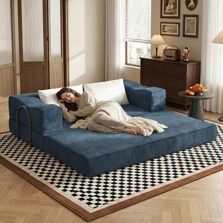MAKIAAP 80" Foldable Chenille Futon Sofa Bed, 4-in-1 Convertible Couch with 2 Pillows, King-Size Floor Lounger for Living Room, Guest Room, Dorm - No Assembly (Blue, 80in) MAKIAAP
