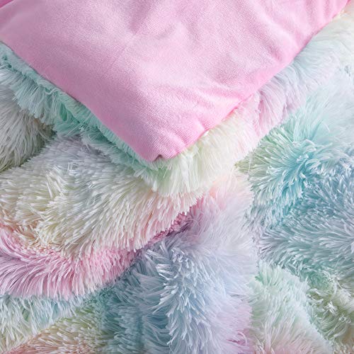 Wajade Faux Fur Plush Rainbow Comforter Set Fluffy Fuzzy Shaggy Bedding Set - 3PC Full Size Microfiber Soft Warm Quilt Set Wajade