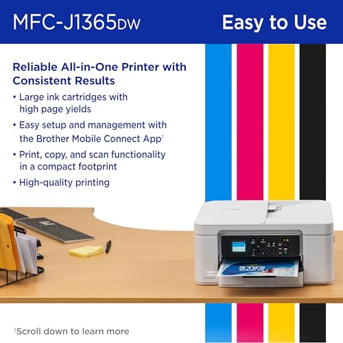 Brother INKvestment 1365 Wireless Color Inkjet All-in-One Printer with Automatic Duplex Printing and 1.8” Color Display | Includes Refresh Subscription Trial(1) (MFC-J1365DW)